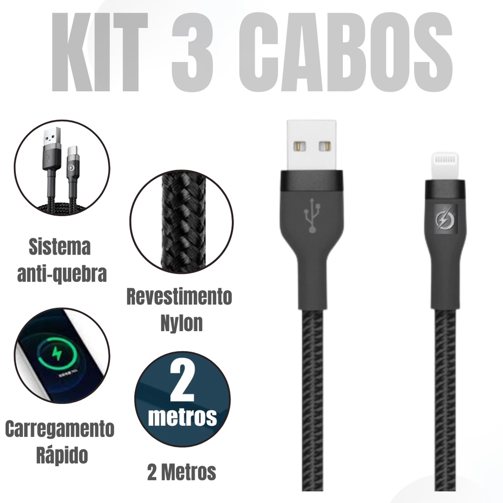 Kit 3 Cabos Iphone Lightning Usb Carregador Rápido 2 Metros Resistente
