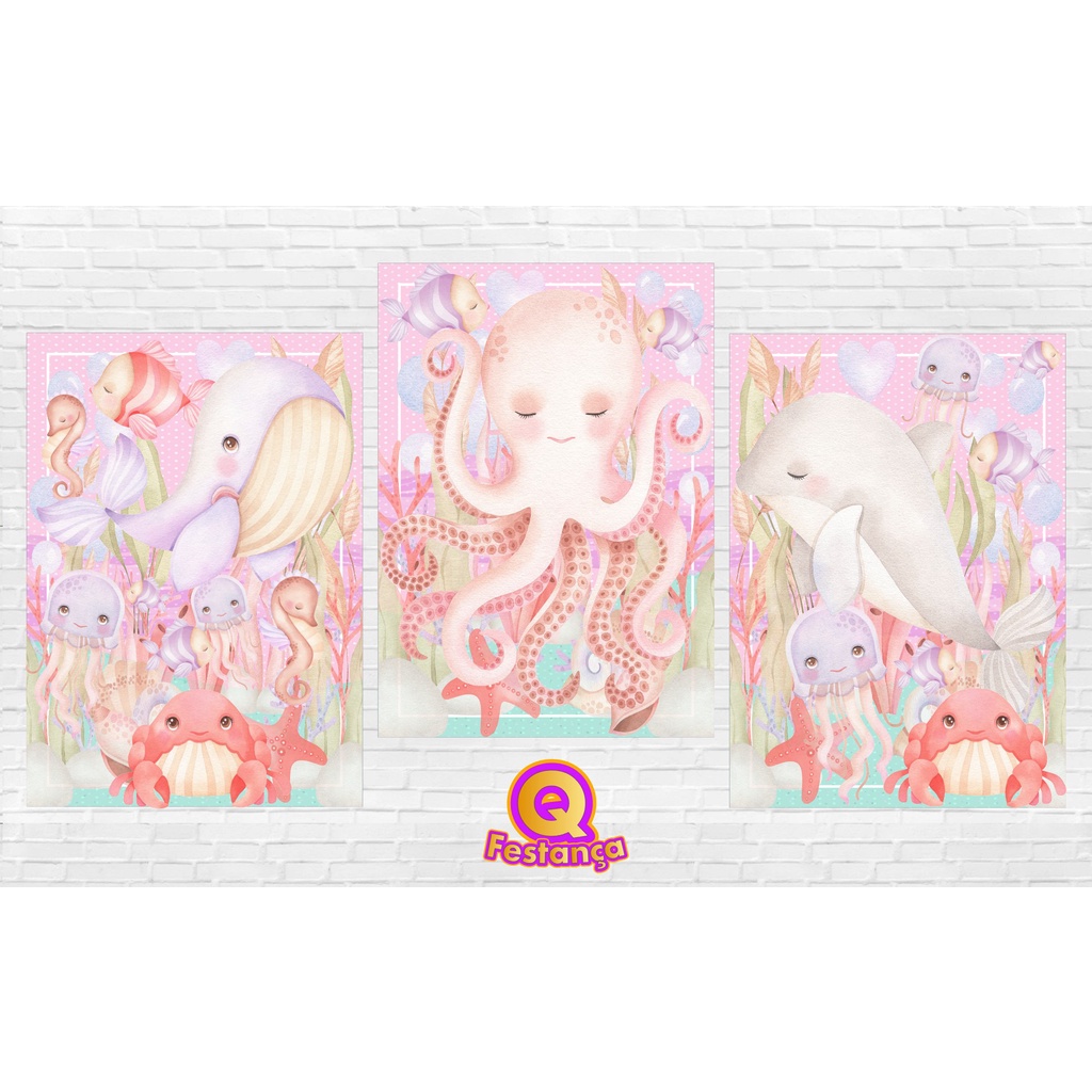 Poster Fundo do Mar 30x40cm - KIT COM 3 POSTER - Decoração, Decoração de aniversário, Poster, Painel, Peixes, Animais Aquáticos, Tubarão, Polvo, Animais Marinhos, Oceano