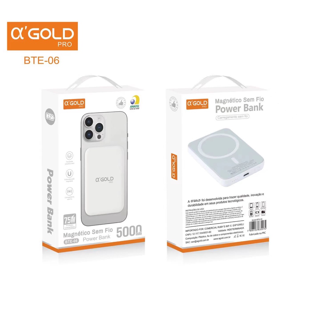 Carregador Power Bank 5000mah Magnético Indução Sem fio 7.5w Para iPhone 12 13 14 A'GOLD BTE-06