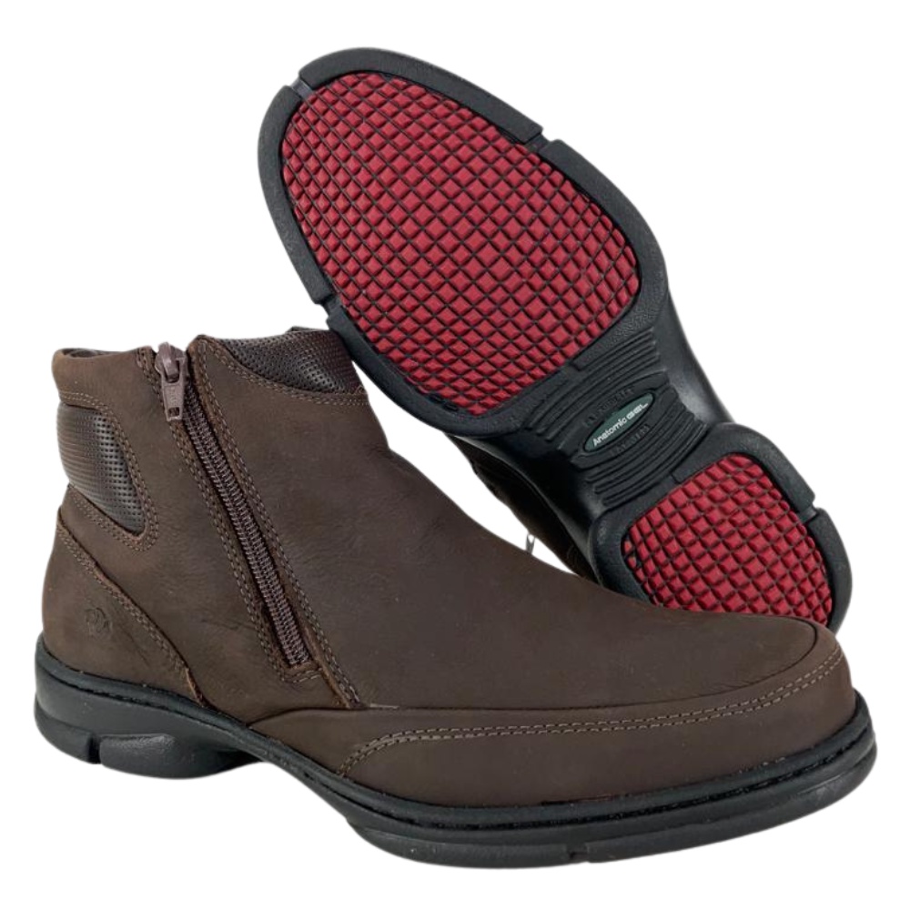 Bota Botina Social Anatomic Gel Original Couro Rústico Marrom Conforto Solado Gel Palmilha