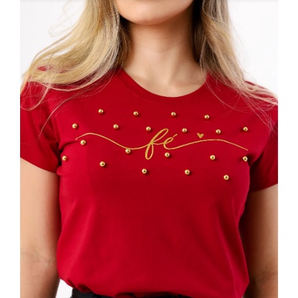 Camiseta Tshirt feminina Fé com pérolas - Vermelho Rubi