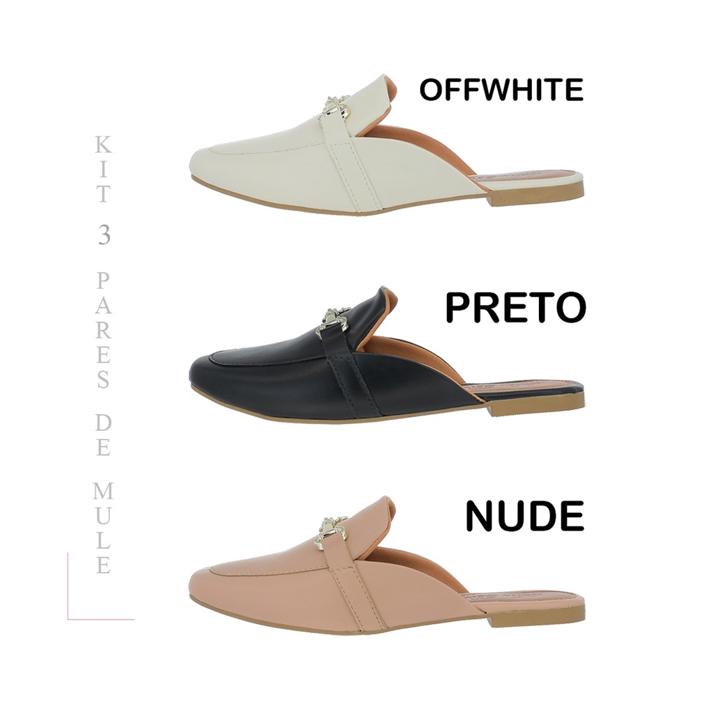 Mule Feminino Kit 3 Pares Rasteira Chinelo Mocassim Com Enfeite Confortável Tendencia Moda Social