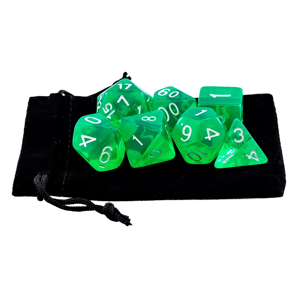 Sete 7 Dados Rpg Verde D4 D6 D8 D10 D10% D12 D20 Bolsa Kit