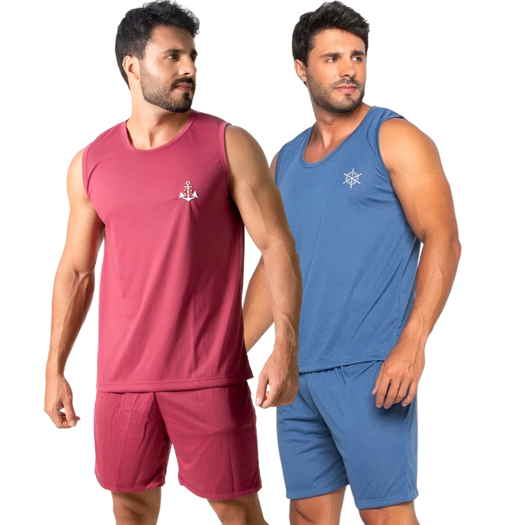 KIT 2 Pijamas Regata Curto Masculino Verão RLC Modas Conforto Linha Noite