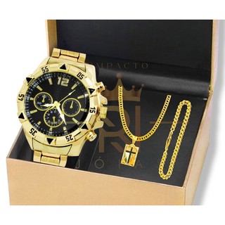 Relógio masculino + Conjunto corrente e pulseira pingente cruz Relógio masculino + Conjunto corrente