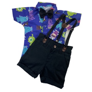 Conjunto MONSTROS SA, camisa, bermuda, gravata e suspensório em Oferta na Shopee