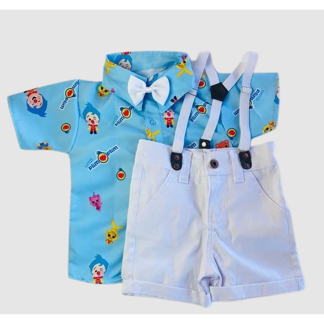 Conjunto HERÓIS DO CORAÇÃO PALHAÇO PLIM PLIM temático, camisa, bermuda, suspensório e gravata