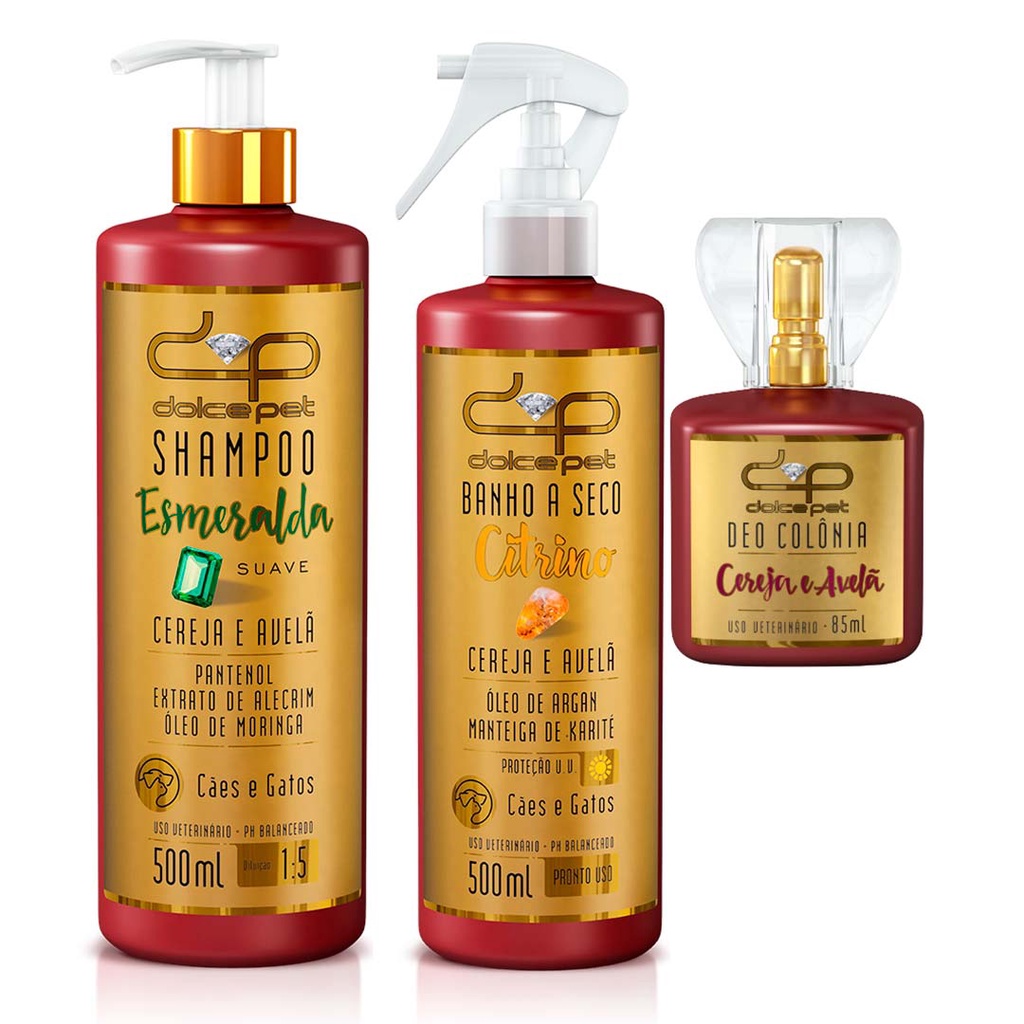 Kit Dolce Pet Shampoo Suave + Banho a Seco + Perfume Cereja e Avelã Cães e Gatos