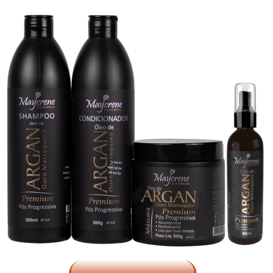 Kit Pós Progressiva Óleo De Argan Ouro Marroquino Maycrene  Shampoo, Condicionador, Máscara e Reparador de Pontas 60ml