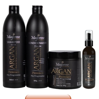 Kit Pós Progressiva Óleo De Argan Ouro Marroquino Maycrene  Shampoo, Condicionador, Máscara e Reparador de Pontas 60ml em Oferta na Shopee