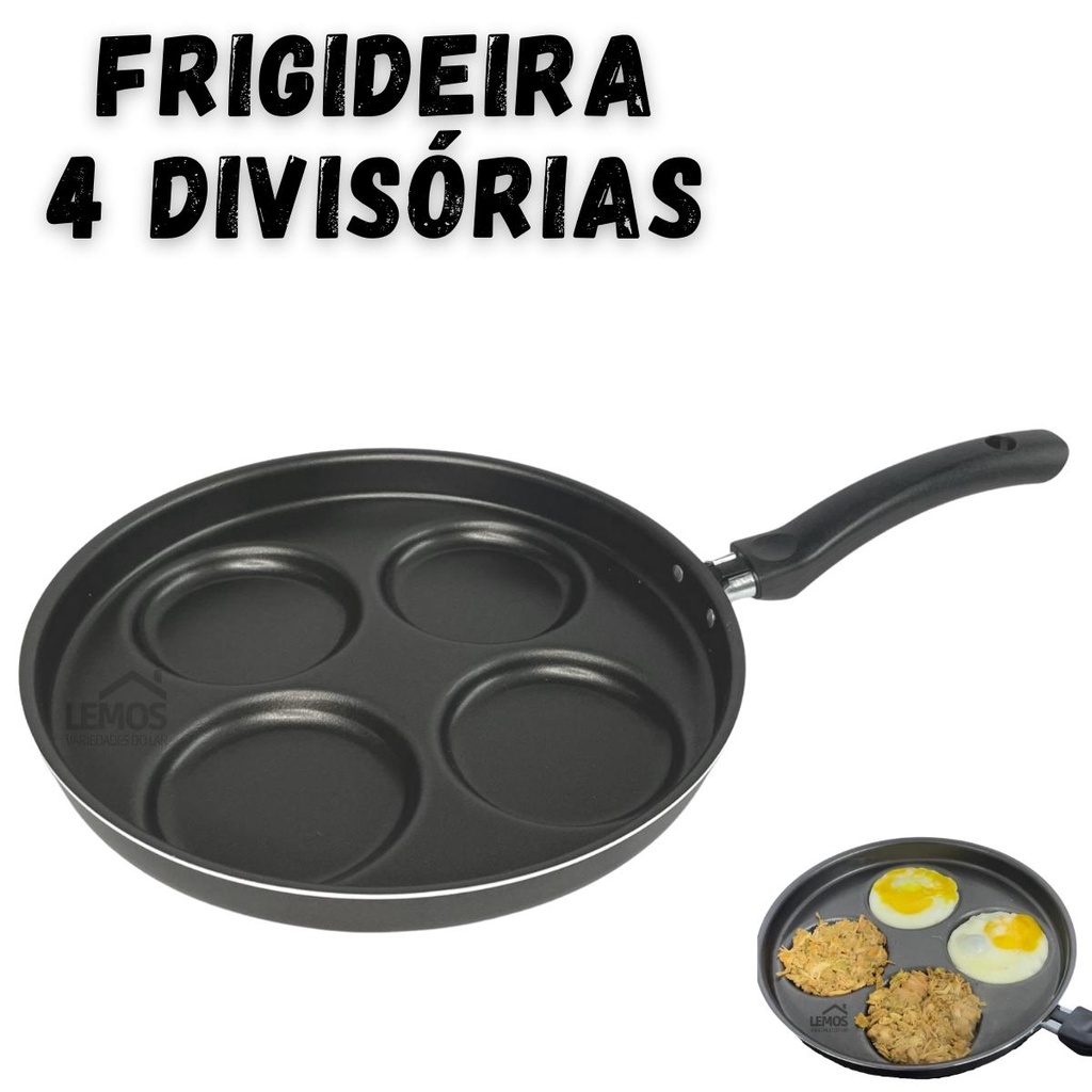 Frigideira Antiaderente Com 4 Divisórias Multiuso Para Ovo Hamburguer Panqueca Omelete Preta