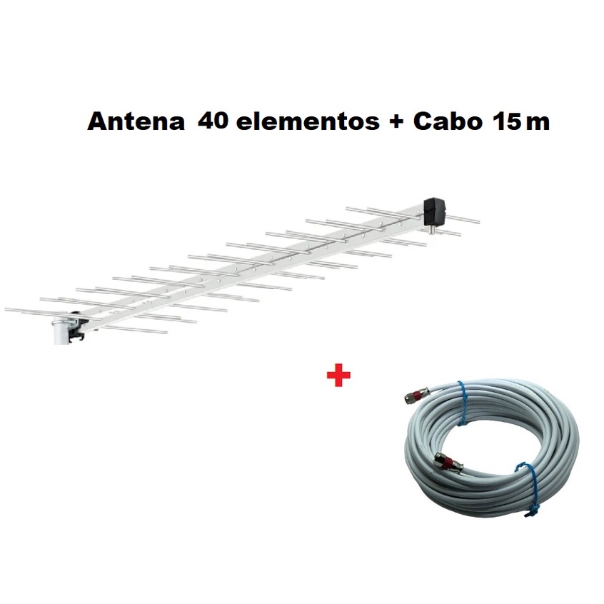 Antena Externa Digital UHF HDTV Log 40 Elementos + Cabo 15MT Conectorizado
