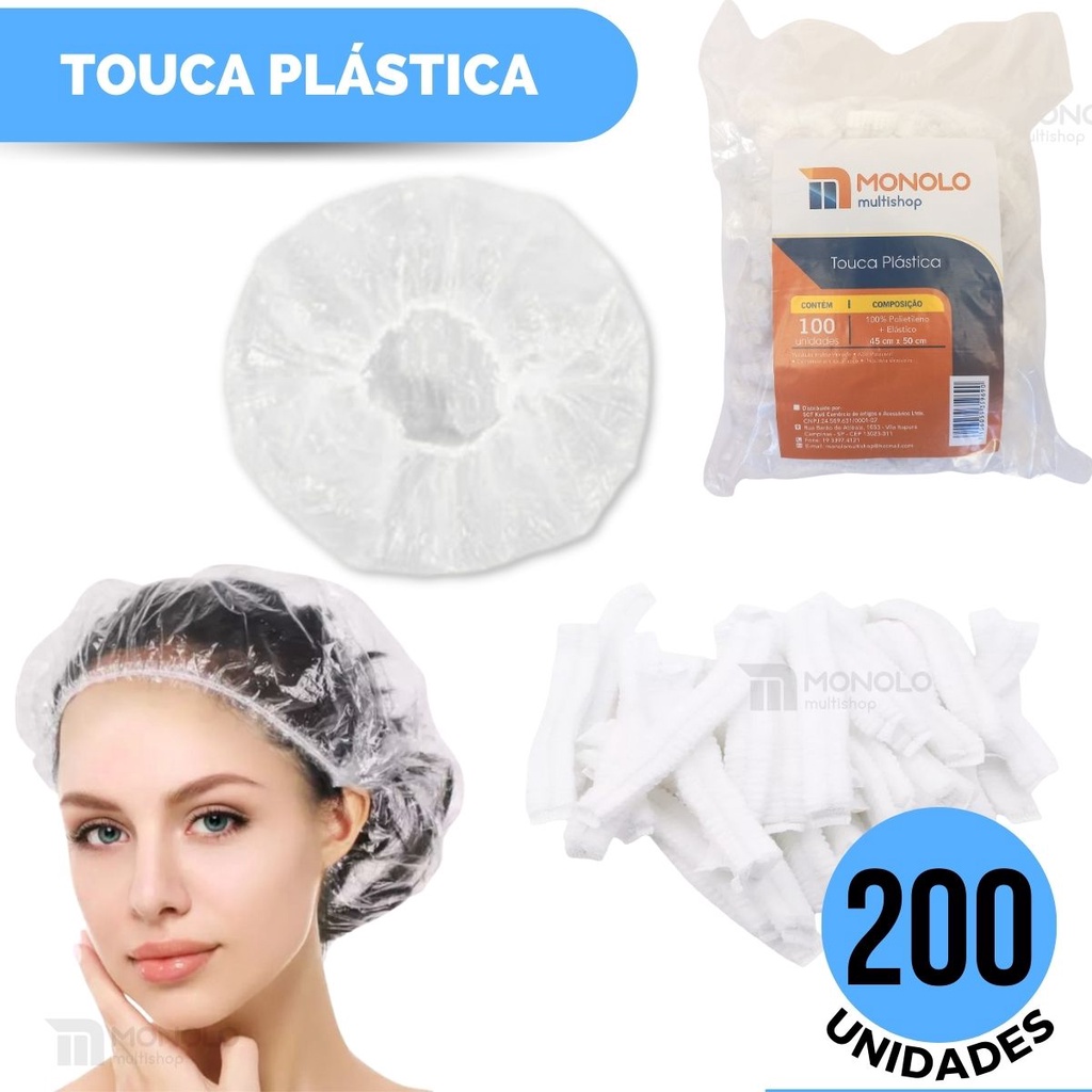 Touca Plástica Descartável Banho Cabelo 200 Unidades Sanfonada hotel Transparente com Elástico
