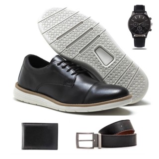 Kit Sapato Social Masculino Oxford Brogue De Couro Macio Antistress + Cinto Carteira e Relógio