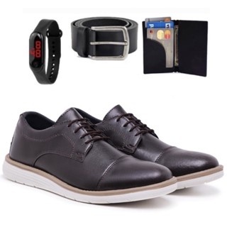 Sapato Oxford Masculino Elegante Moderno de Couro Genuíno Confort Com Palmilha Gel + Carteira Cinto e Relógio
