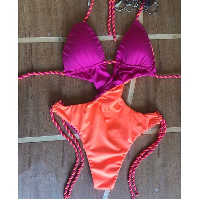 Maiô todo dupla face, 4 em 1 - com bojo - rosa pink com laranja neon - semi fio