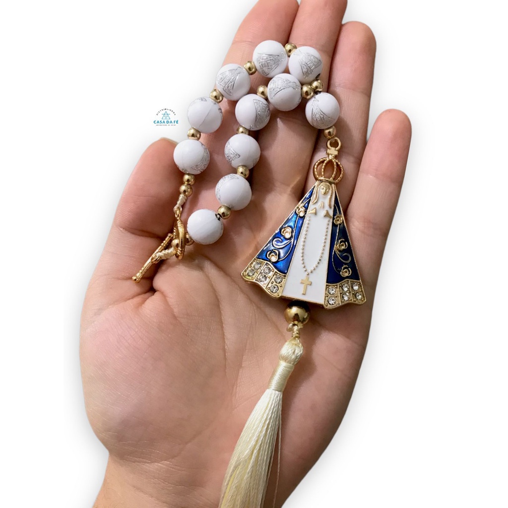 Adorno Dezena Nossa Senhora Aparecida Strass Pérola Branca Pêndulo Para Porta, Carro, Retrovisor