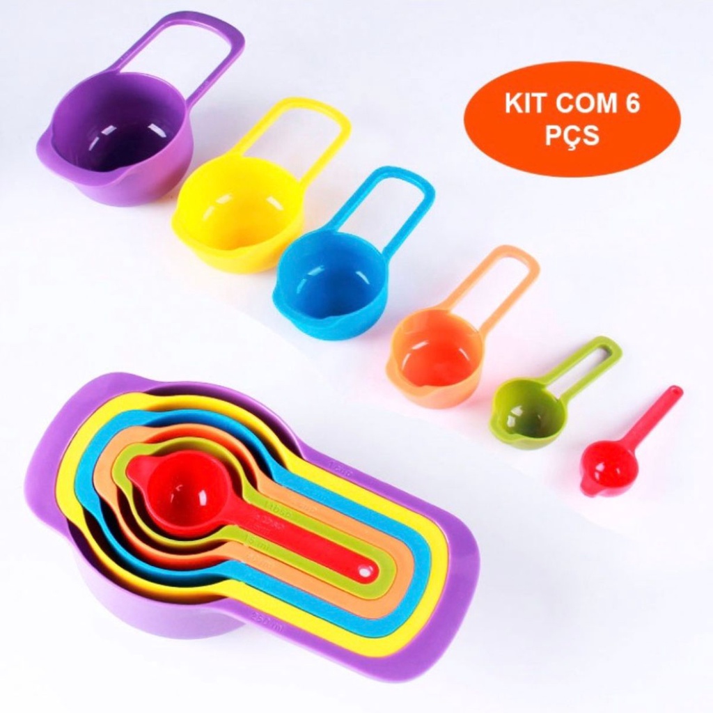Conjunto de Medir Colher Xicara Sopa Copo Medidora Receita Ingredientes Confeitaria Medidas Exatas Utensílio Cozinhar Para Bolo Colorido Kit 6 Peças