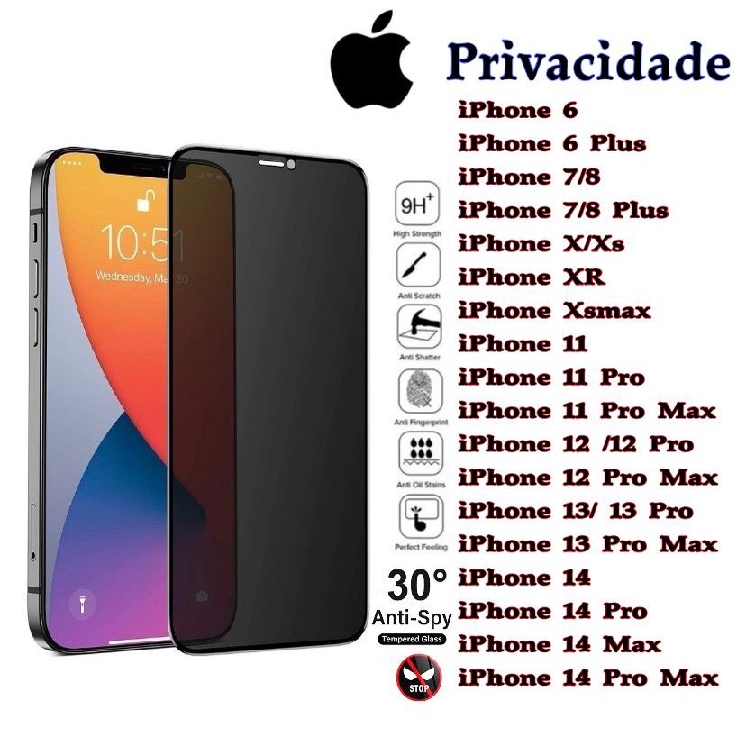 Película Vidro 3D Privacidade Anti Spy iPhone 6 6s 7/8 7/8 Plus X/XS XR XSMAX 11 11Pro 11Pro Max 12 - Envio em até 24h