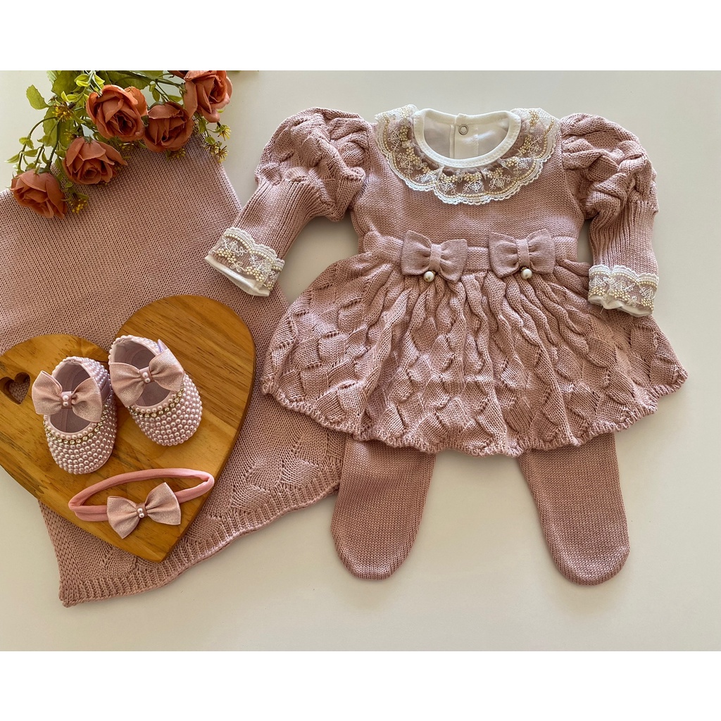 Saída de maternidade menina tricot vestido bufante rosê dourado 6 peças completa