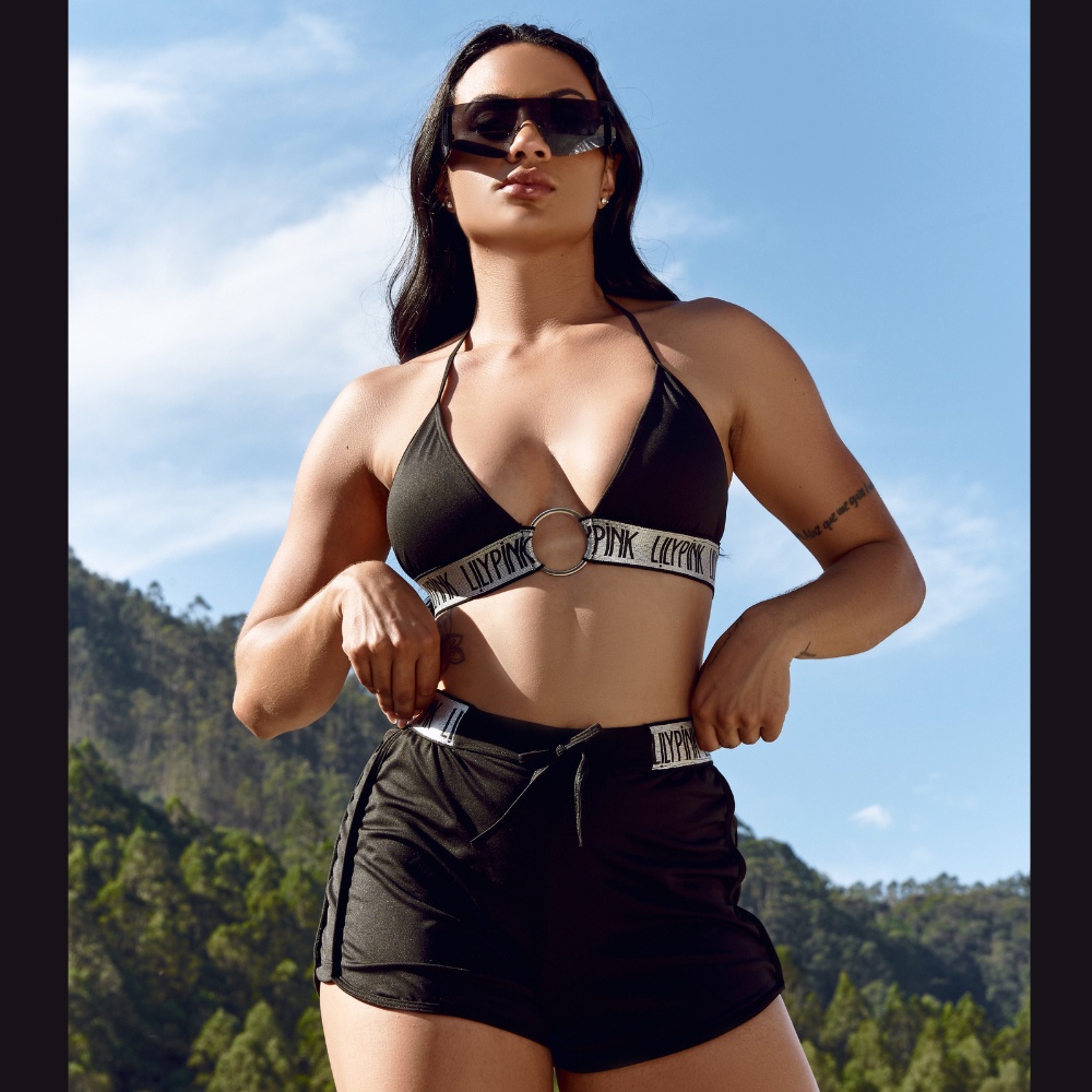 CONJUNTO Fitness de Top e Short com detalhe em Argola Frontal Elastico Personalizado Lilypink MIRELA