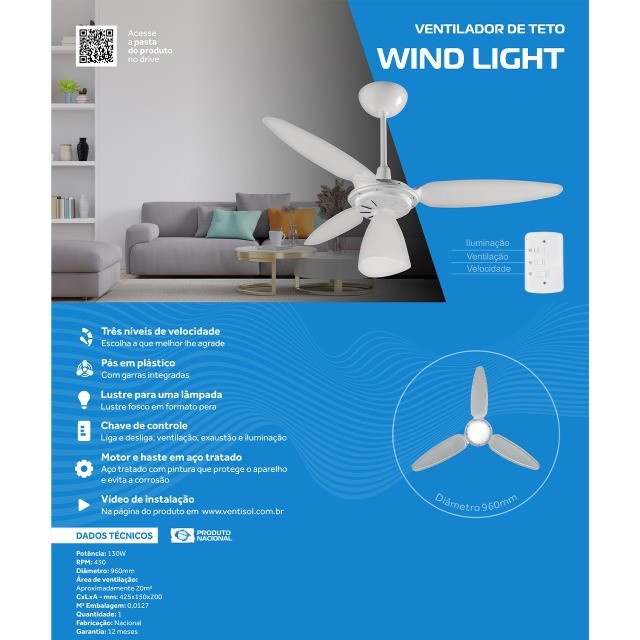 Ventilador De Teto Wind Light Branco Transparente Com Lustre W Cv Ventisol V Lampada