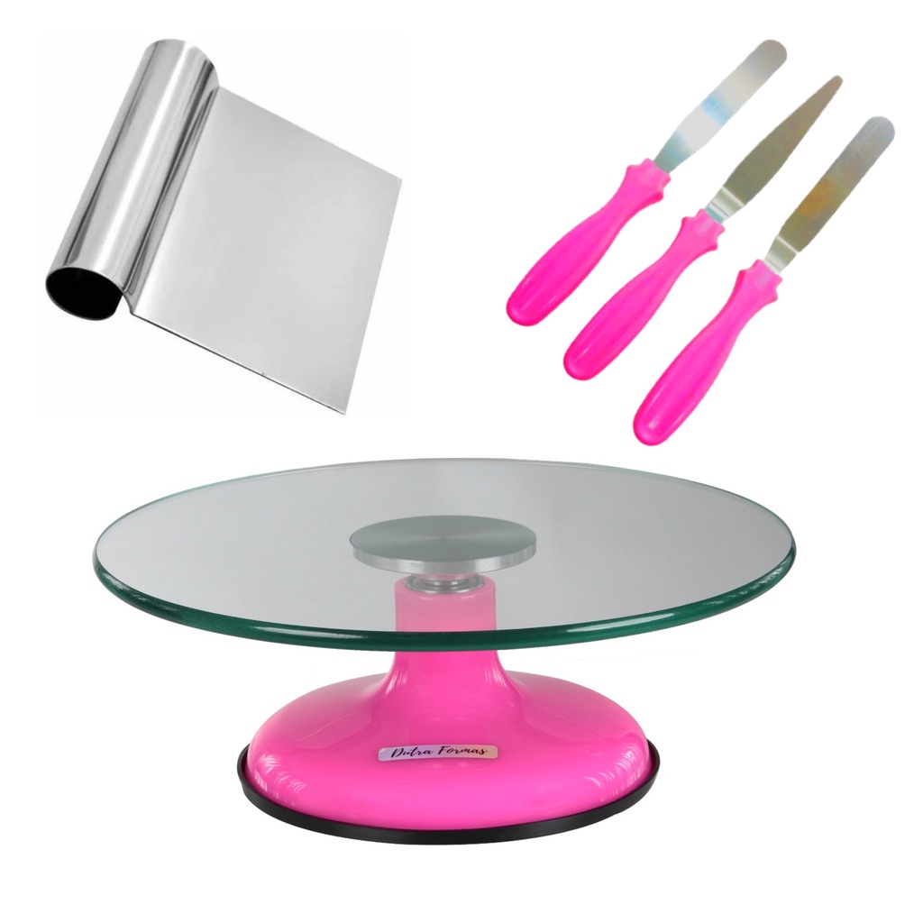 Bailarina Para Bolo De Vidro Giratória Profissional 30 cm + Kit Espátulas Confeiteiro + Tubular