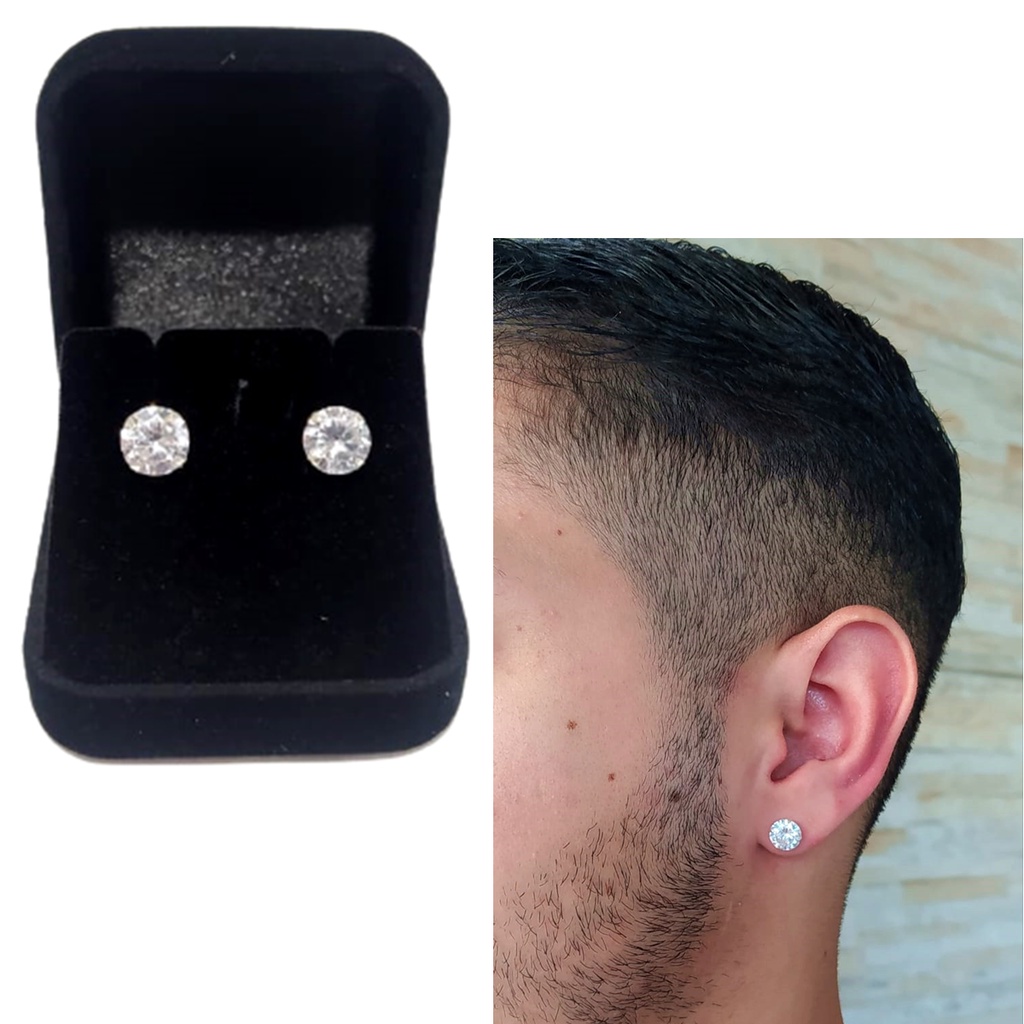 Brinco Masculino De Prata Pura 925 Diamante Sintético 8mm Com Embalagem De Presente