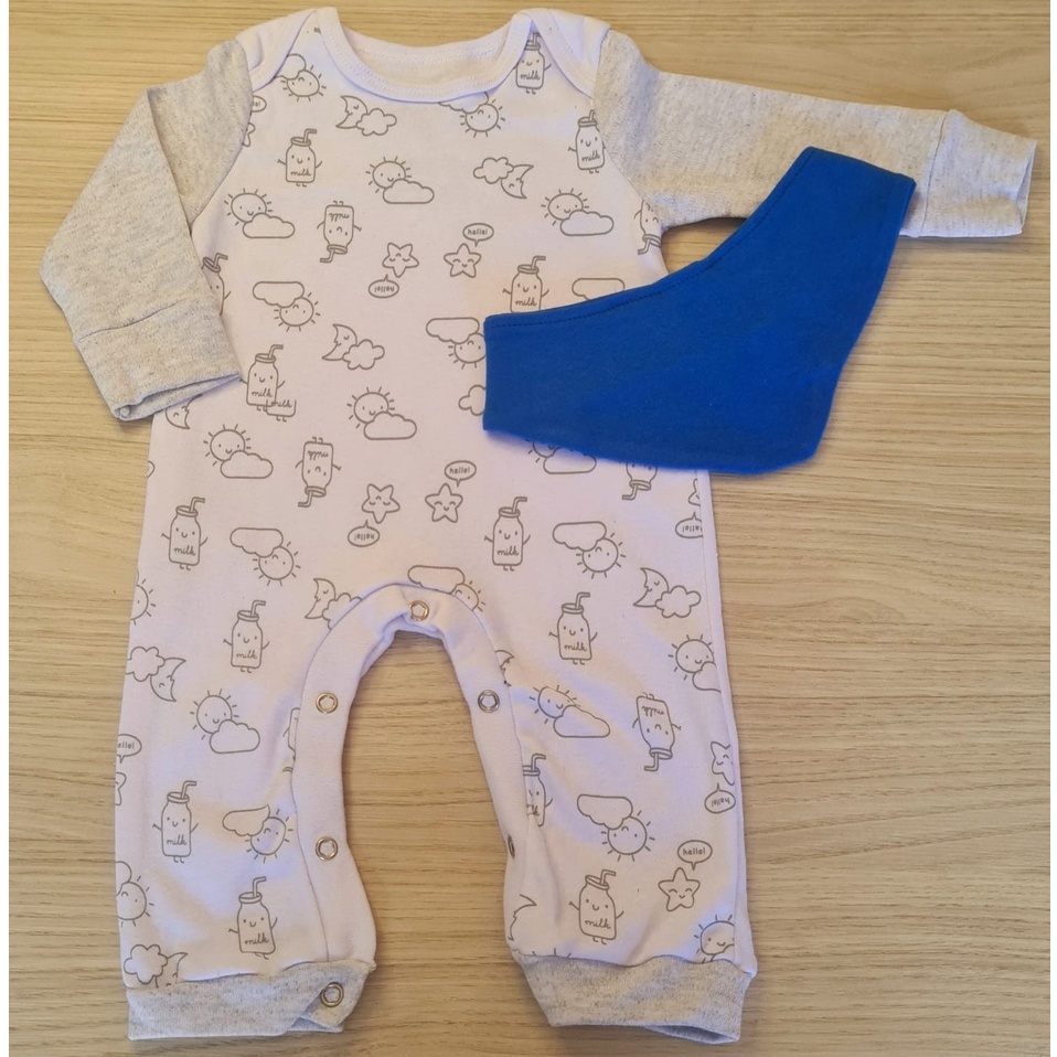 Macacão Bebê Manga Longa Menino e Bandana  - Macacão Inverno Bebê - Roupa para Bebê Algodão