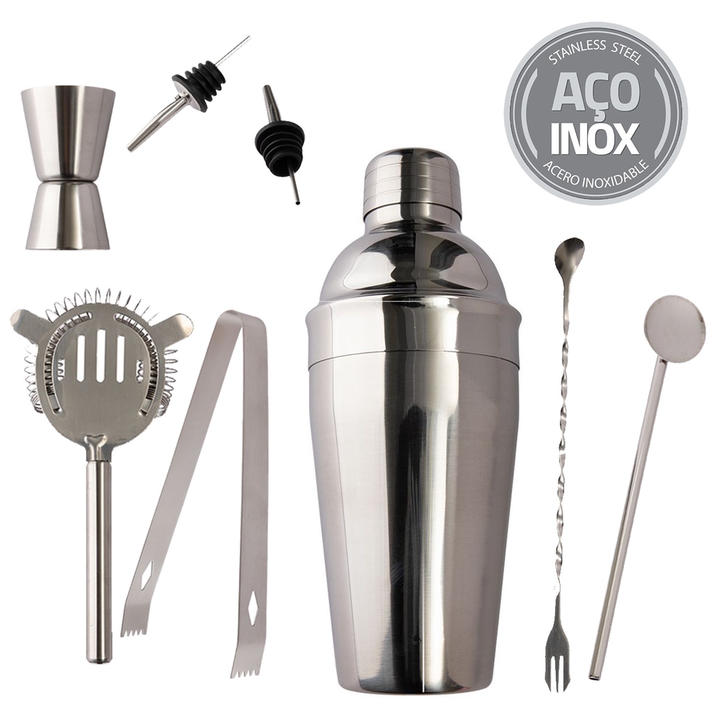 Kit Bar 8 Peças Inox Completo Coqueteleira Drink Dosador Caipirinha OFERTA