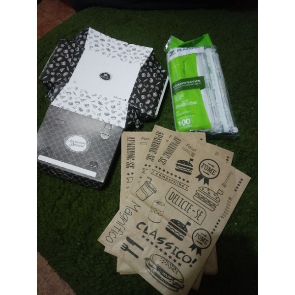 Kit Delivery completo saco Kraft+Caixinha para Hambúrguer +canudos+papel acoplado antigordura NOVO
