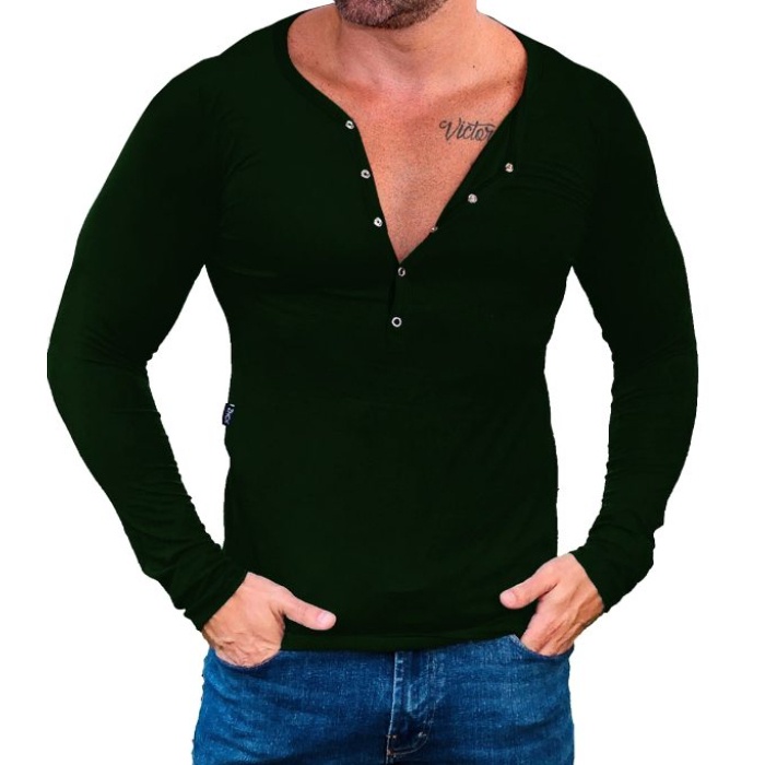 Camiseta Henley Masculina Básica Camisa Slim Botão Gringa Viscose Elastano Manga Longa