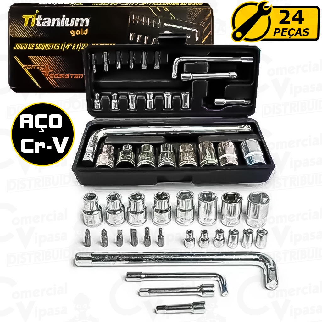 Kit Jogo De Ferramentas Soquetes 24 Peças Cromo Vanádio Completo Titanium em Oferta na Shopee