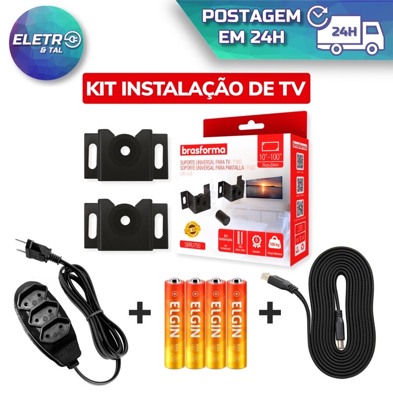 Kit Instalação para Televisão Suporte Tv Fixo Universal LED LCD Plasma 32 42 50 55 até 100’’ Polegadas Parede Brasforma + Cabo Hdmi 2 Metros + Extensão 3 Metros + 4 Pilhas AAA Elgin