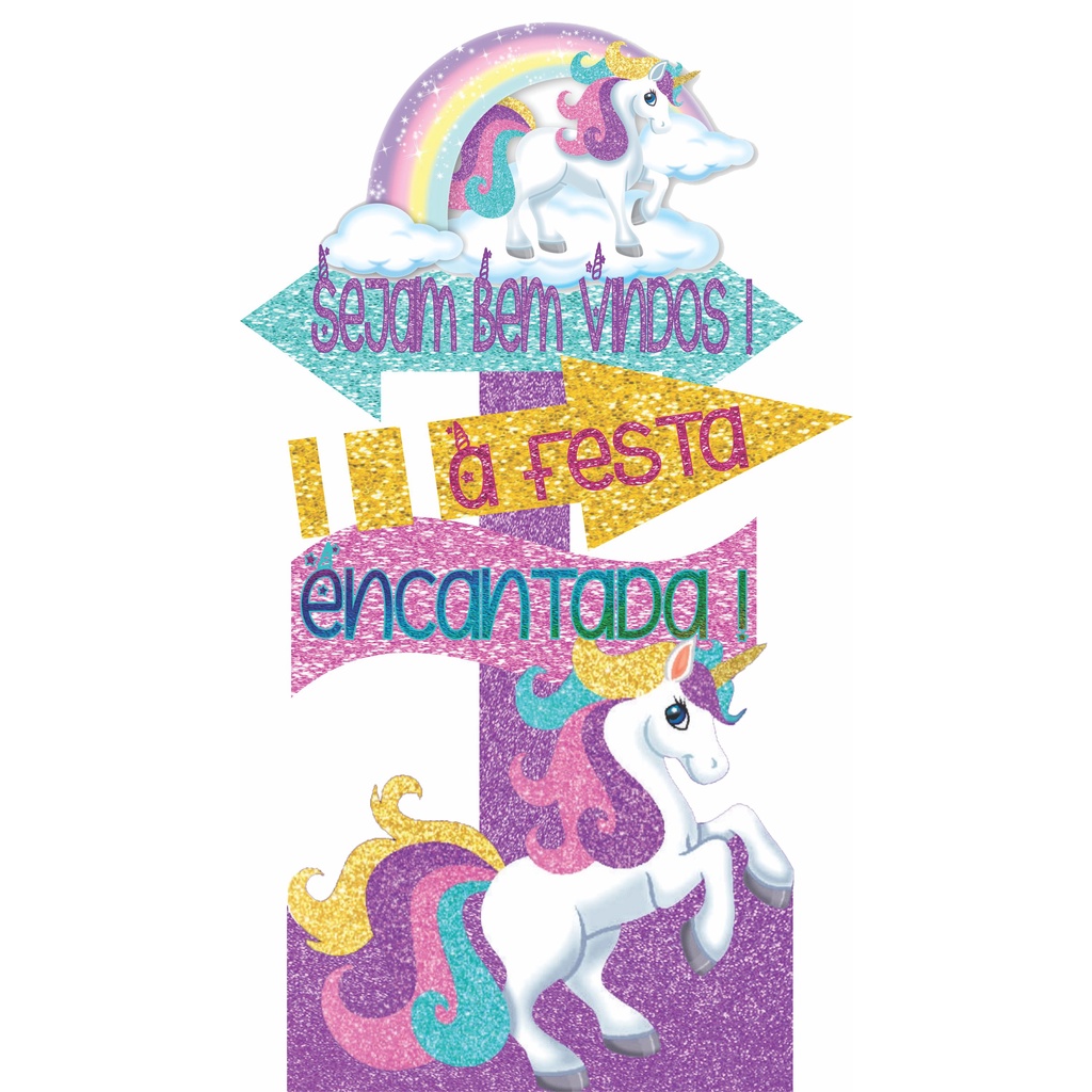 1 display placa seta indicadora mdf cenário unicornio decoração festa