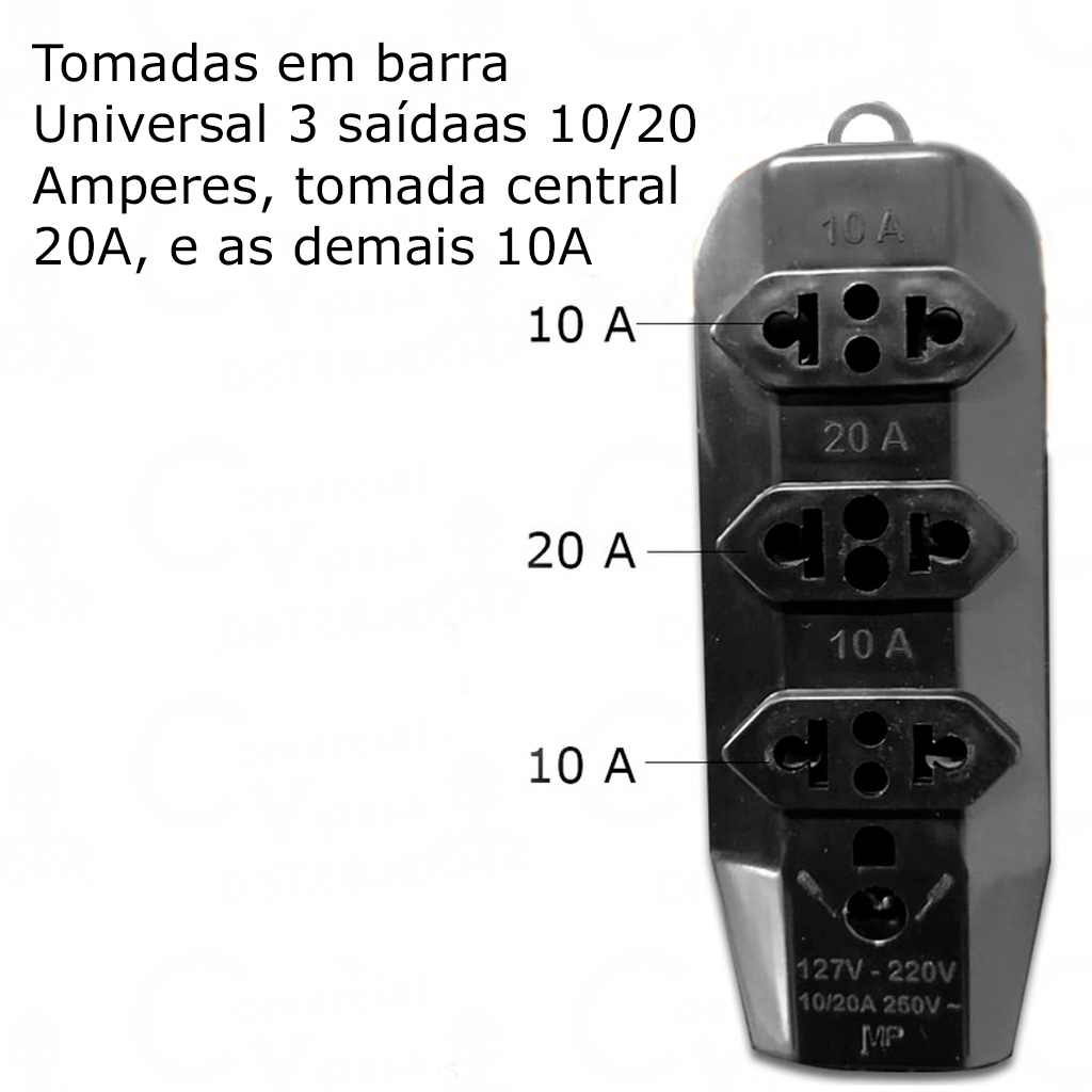 Detalhes do Tomada Tripla Régua Universal De 10A - 20A 3 Saídas Para Pontas De Extensão Tomada