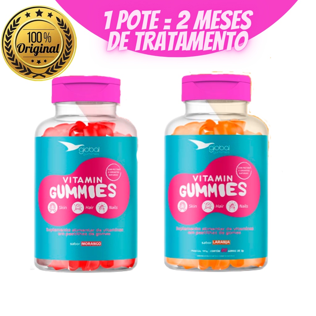 Gummies Global Vitamina Cabelo Pele E Unhas Original Sabor Morango Ou Laranja 60 Gomas 1