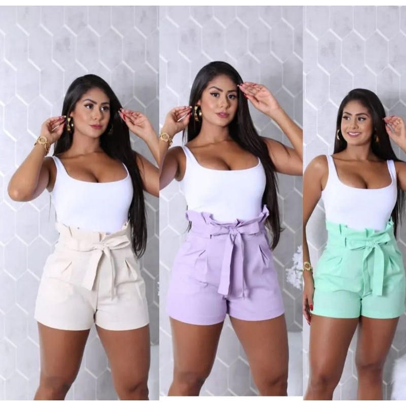 Short Feminino Social de Amarração Premium Moda Verao