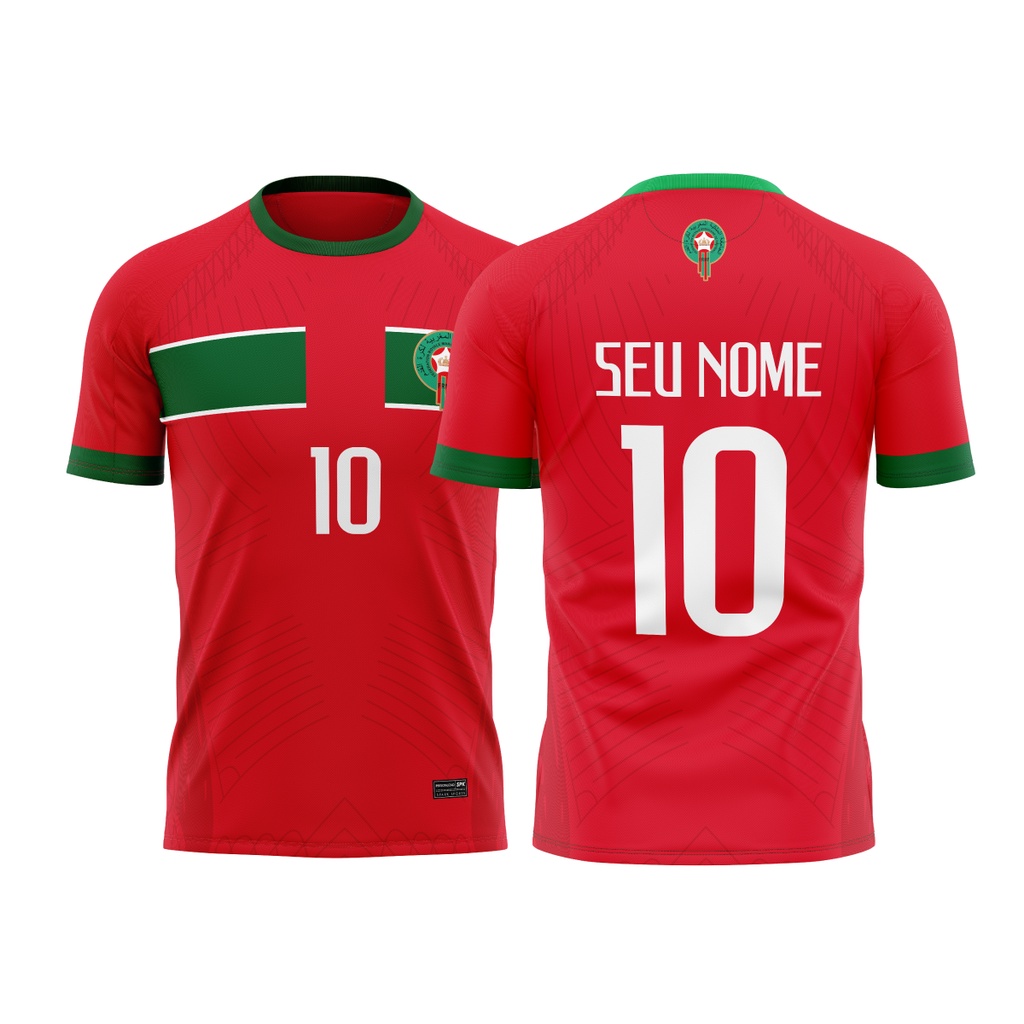 Camisa Marrocos Copa Do Mundo 2022 Casa De Futebol Vermelha Personalizada Com Nome - Masculino / Feminino e Infantil