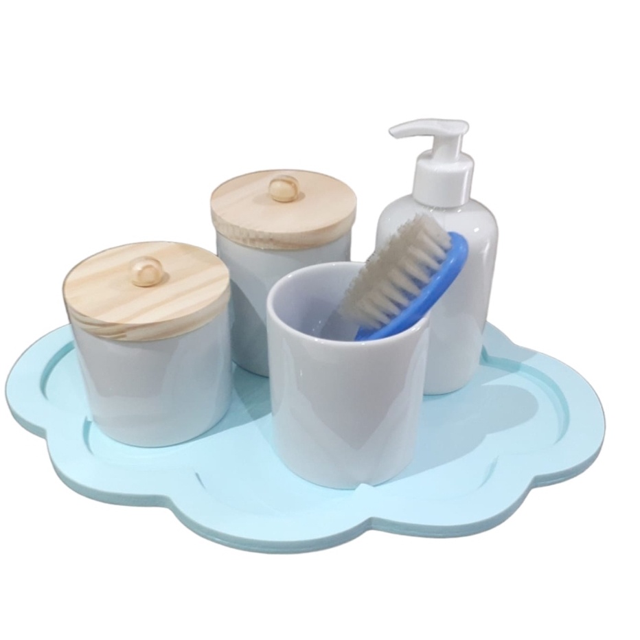 Kit Higiene Bebê Porcelana Branca Potes com tampa Molhadeira Saboneteira Líquida Bandeja Nuvem verde maternidade menina menino porta algodão cotonete