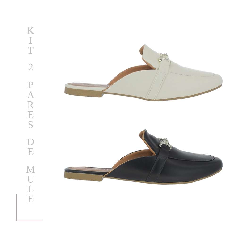 Mule Feminino Kit 2 pares Bico Quadrado Enfeite Metalizado Mary Jane Rasteira Chinelo Casual Social