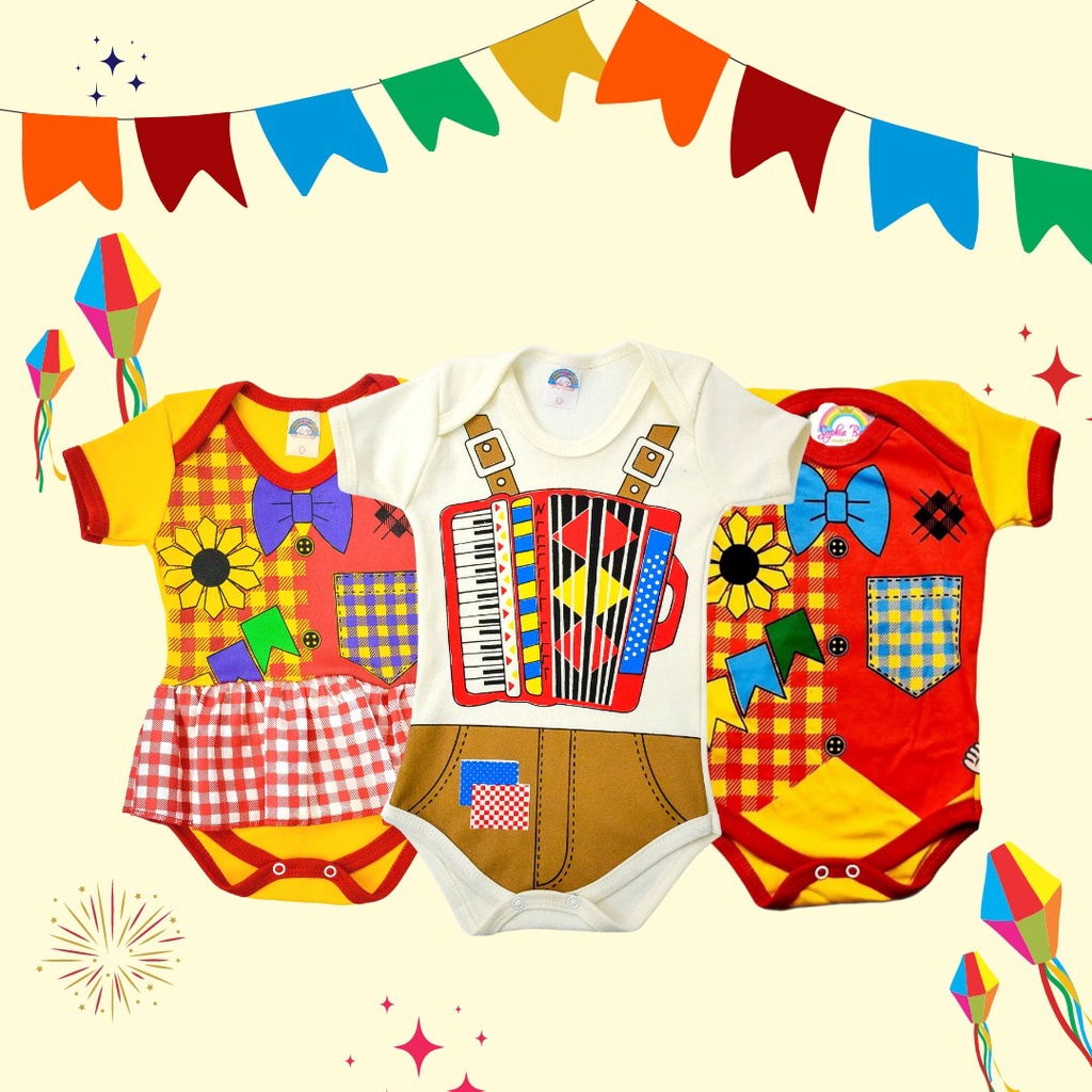 Body de bebê Festa Junina promoção temáticos, personagens e mêsversário baby  - 100% algodão.