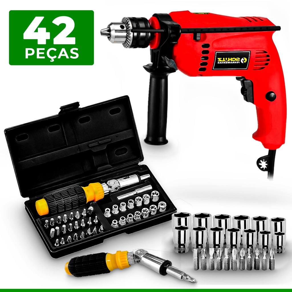 Furadeira impacto parafusadeira 1/2 500w schulz + kit soquet 110v/220v