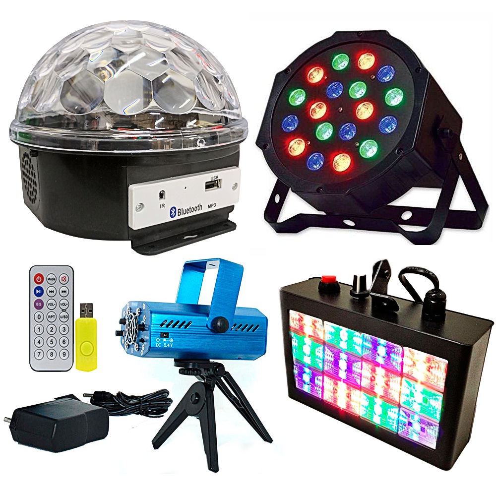 Kit Iluminação Decoração de Festa DJ Balada Eventos Bailes Canhão de Luz Led Colorida Laser Strobo Bivolt