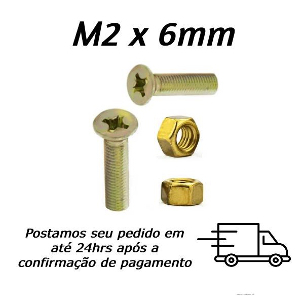 KIT Parafuso M2 X 6mm Cabeça Chata Phillips Bicromatizado Com Porca Sextavada M2 Bicromatziada