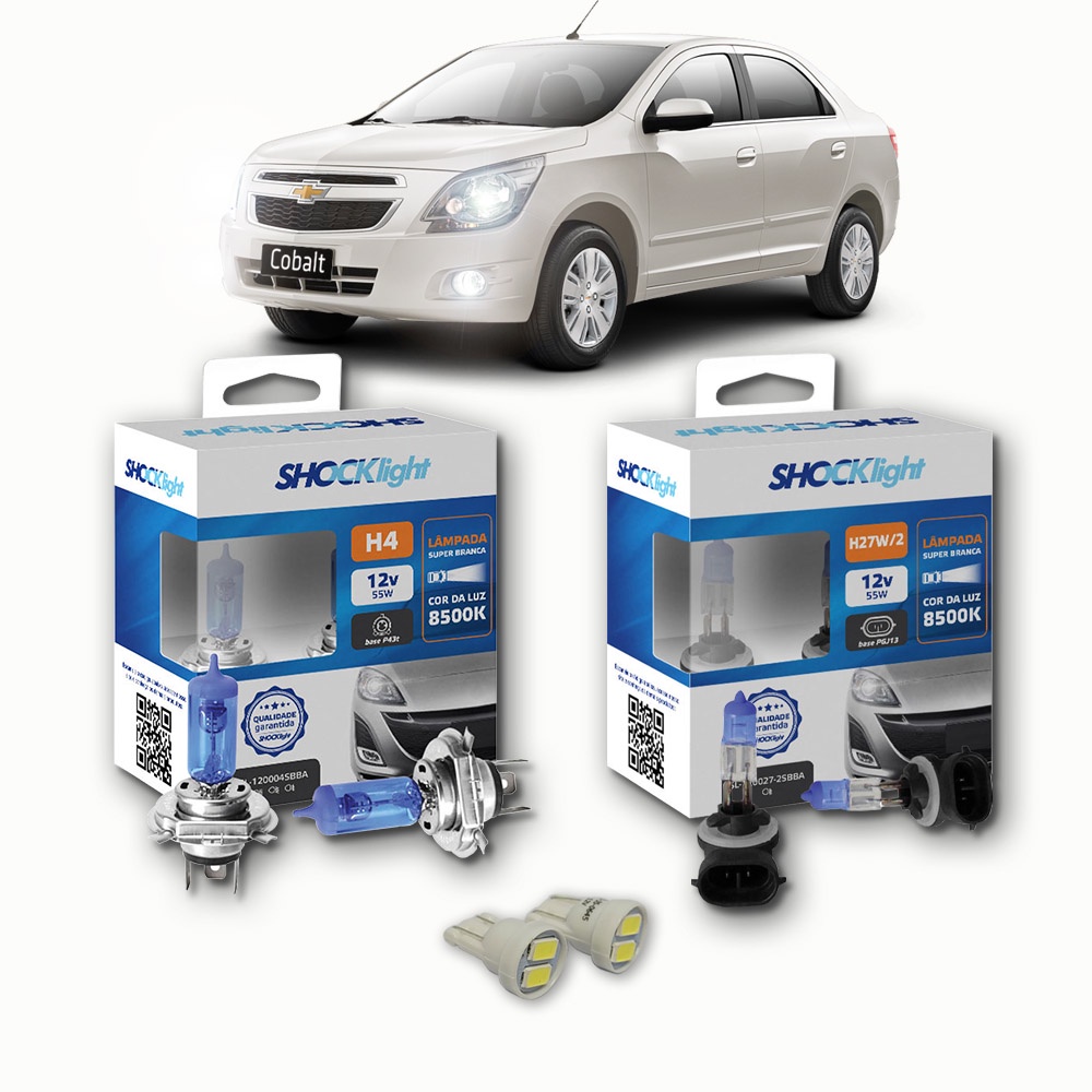 KIT lâmpadas Super brancas 8500K +LED T10 Chevrolet Cobalt 2011/2015 H4 FAROL + H27 milhas