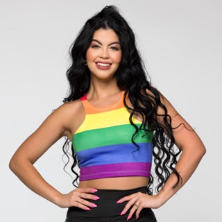 Top Cropped Fitness ELLEN Estampado Rainbow Arco-Iris Sem Bojo Carnaval LGBTQIA + Estilo Nadador