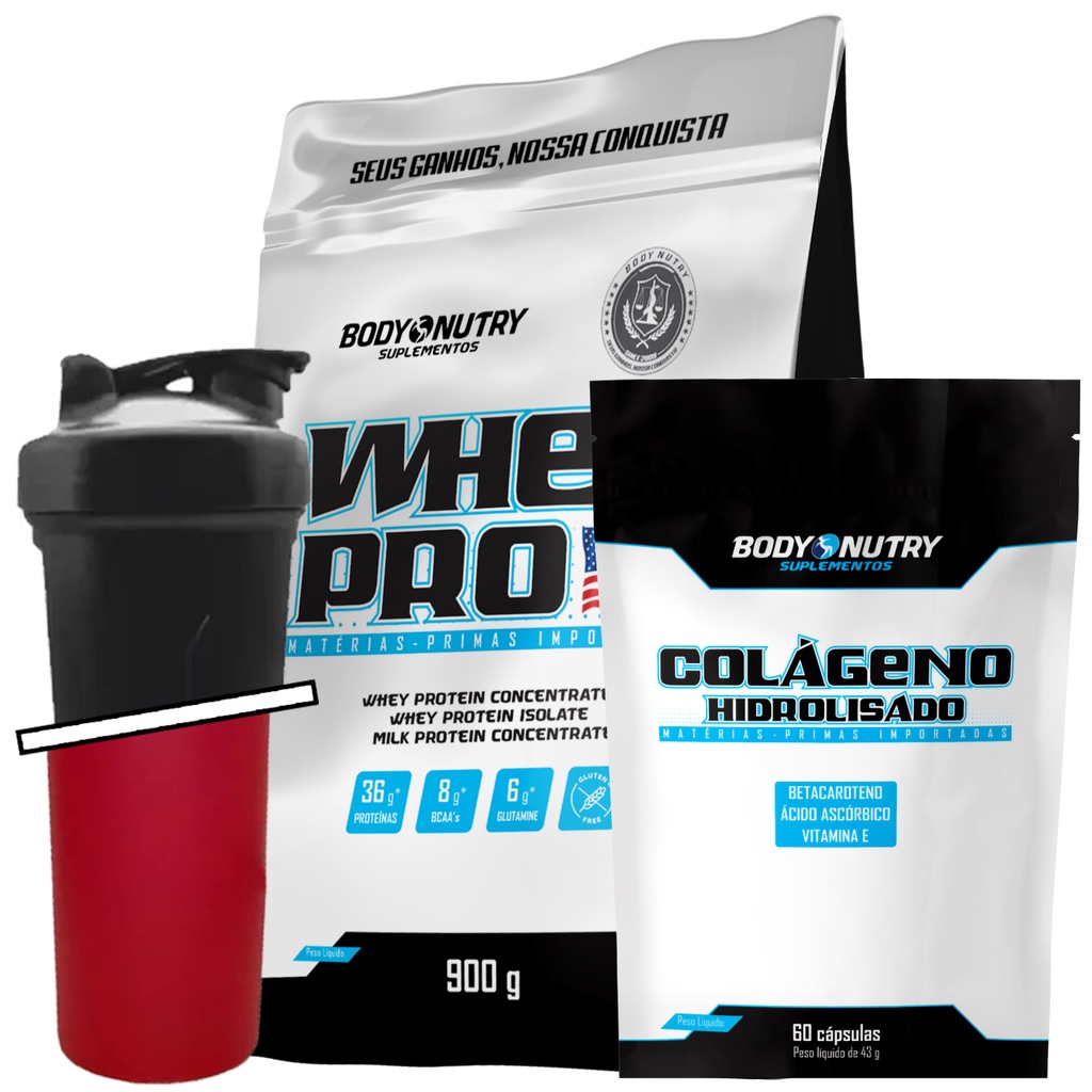 Kit Whey Protein 900g + Colágeno Hidrolisado 60 Cápsulas + Coqueteleira