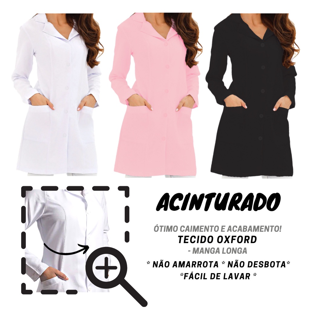 JALECO FL Feminino Acinturado manga longa Oxford  Preto Branco Rosa blusa casaco bata guarda-pó