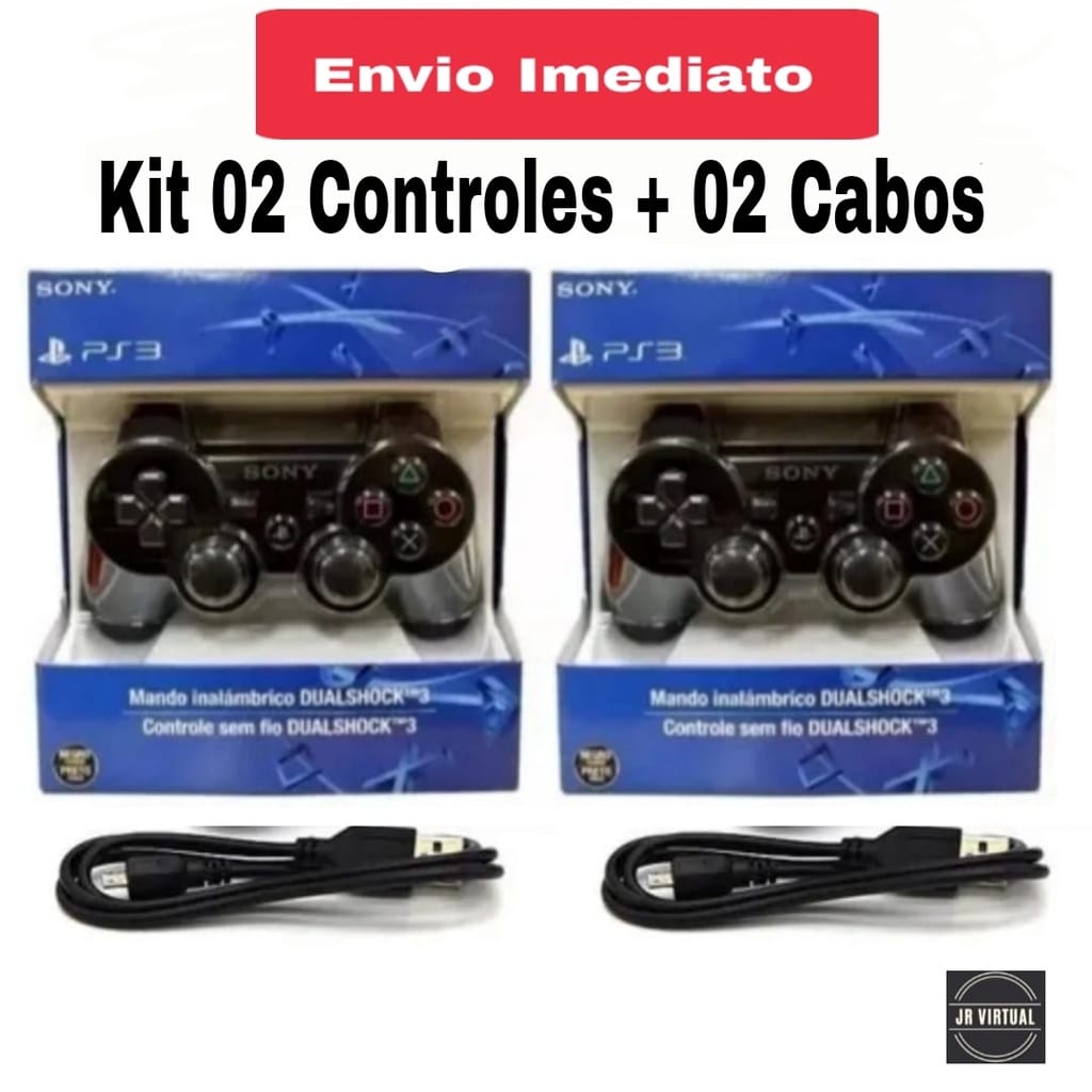 Kit 02 Controles sem Fio Playstation3 Play3 Ps3 + 02 Cabos Carregadores - Envio Imediato - Entrega Rápida